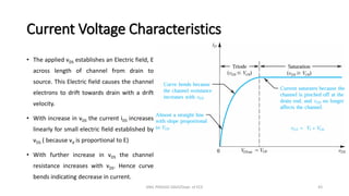 Current Voltage Characteristics
• The applied vDS establishes an Electric field, E
across length of channel from drain to
source. This Electric field causes the channel
electrons to drift towards drain with a drift
velocity.
• With increase in vDS the current iDS increases
linearly for small electric field established by
vDS ( because vd is proportional to E)
• With further increase in vDS the channel
resistance increases with vDS. Hence curve
bends indicating decrease in current.
ANIL PRASAD DADI/Dept. of ECE 43
 