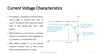Current Voltage Characteristics
• The applied vDS establishes an Electric field, E
across length of channel from drain to
source. This Electric field causes the channel
holes to drift towards drain with a drift
velocity.
• With increase in vDS the current iDS increases
linearly for small electric field established by
vDS ( because vd is proportional to E)
• With further increase in vDS the channel
resistance increases with vDS. Hence curve
bends indicating decrease in current.
ANIL PRASAD DADI/Dept. of ECE 57
 