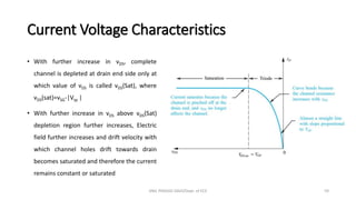 Current Voltage Characteristics
• With further increase in vDS, complete
channel is depleted at drain end side only at
which value of vDS is called vDS(Sat), where
vDS(sat)=vSG-|Vtp |
• With further increase in vDS above vDS(Sat)
depletion region further increases, Electric
field further increases and drift velocity with
which channel holes drift towards drain
becomes saturated and therefore the current
remains constant or saturated
ANIL PRASAD DADI/Dept. of ECE 59
 