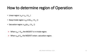 How to determine region of Operation
• Linear region: vSD< vSG-|Vtp |
• Deep triode region: vSD<<2(vSG-|Vtp |)
• Saturation region: vSD≥(vSG-|Vtp |)
➢ When vDG > Vtp, the MOSFET is in triode region.
➢ When vDG≤ Vtp, the MOSFET enters saturation region.
ANIL PRASAD DADI/Dept. of ECE 61
 