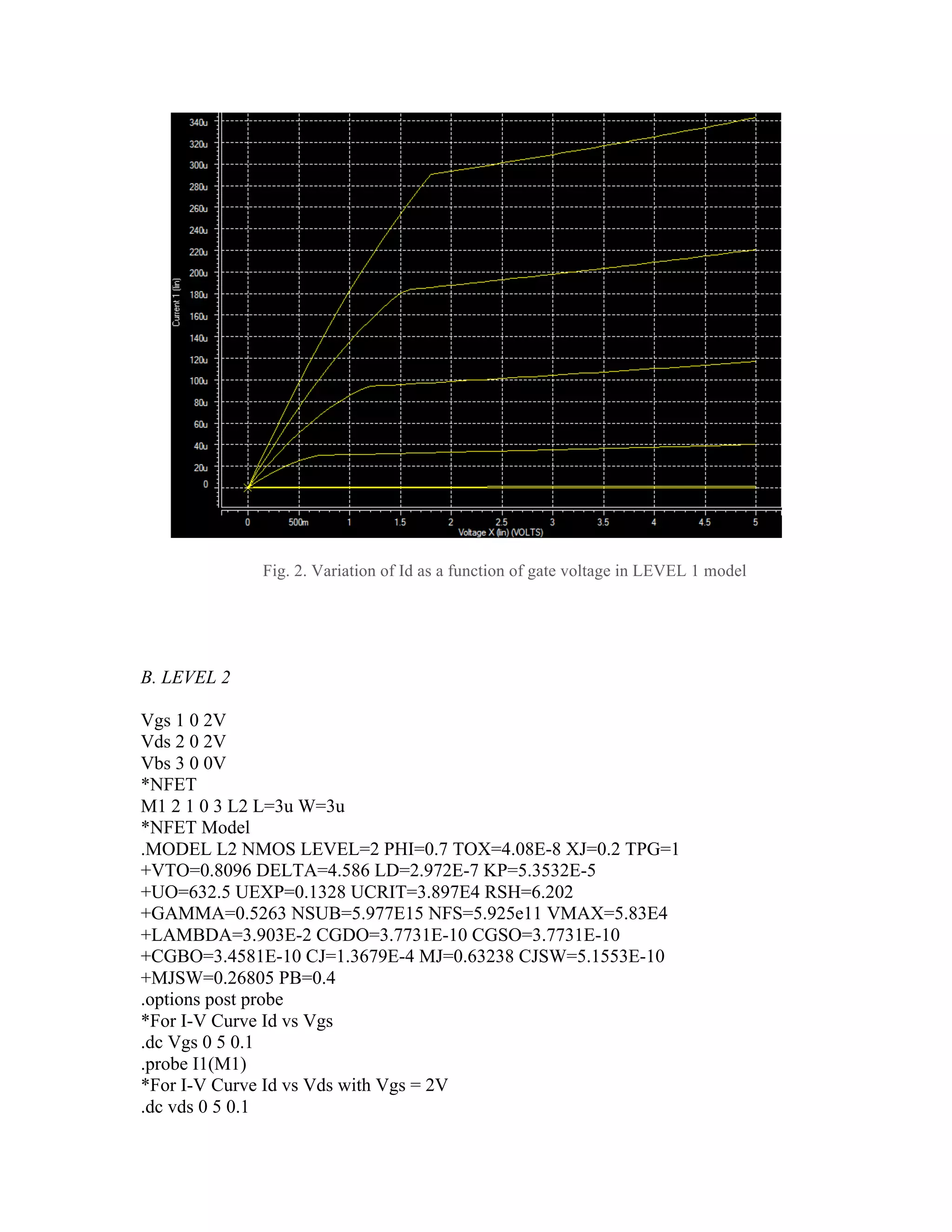 Fig. 2. Variation of Id as a function of gate voltage in LEVEL 1 model
B. LEVEL 2
Vgs 1 0 2V
Vds 2 0 2V
Vbs 3 0 0V
*NFET
M1 2 1 0 3 L2 L=3u W=3u
*NFET Model
.MODEL L2 NMOS LEVEL=2 PHI=0.7 TOX=4.08E-8 XJ=0.2 TPG=1
+VTO=0.8096 DELTA=4.586 LD=2.972E-7 KP=5.3532E-5
+UO=632.5 UEXP=0.1328 UCRIT=3.897E4 RSH=6.202
+GAMMA=0.5263 NSUB=5.977E15 NFS=5.925e11 VMAX=5.83E4
+LAMBDA=3.903E-2 CGDO=3.7731E-10 CGSO=3.7731E-10
+CGBO=3.4581E-10 CJ=1.3679E-4 MJ=0.63238 CJSW=5.1553E-10
+MJSW=0.26805 PB=0.4
.options post probe
*For I-V Curve Id vs Vgs
.dc Vgs 0 5 0.1
.probe I1(M1)
*For I-V Curve Id vs Vds with Vgs = 2V
.dc vds 0 5 0.1
 