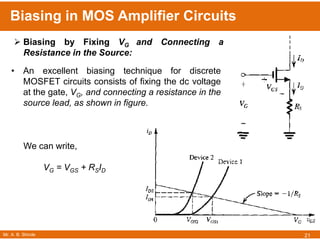 Mr. A. B. Shinde
Biasing in MOS Amplifier Circuits
21
• An excellent biasing technique for discrete
MOSFET circuits consists of fixing the dc voltage
at the gate, VG, and connecting a resistance in the
source lead, as shown in figure.
We can write,
VG = VGS + RSID
 Biasing by Fixing VG and Connecting a
Resistance in the Source:
 