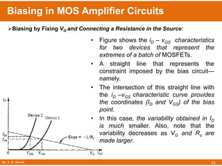 Mr. A. B. Shinde
Biasing in MOS Amplifier Circuits
23
• Figure shows the iD – vGS characteristics
for two devices that represent the
extremes of a batch of MOSFETs.
• A straight line that represents the
constraint imposed by the bias circuit—
namely.
• The intersection of this straight line with
the iD –vGS characteristic curve provides
the coordinates (ID and VGS) of the bias
point.
• In this case, the variability obtained in ID
is much smaller. Also, note that the
variability decreases as VG and Rs are
made larger.
Biasing by Fixing VG and Connecting a Resistance in the Source:
 