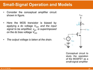 Mr. A. B. Shinde
Small-Signal Operation and Models
29
• Consider the conceptual amplifier circuit
shown in figure.
• Here the MOS transistor is biased by
applying a dc voltage VGS, and the input
signal to be amplified, vgs, is superimposed
on the dc bias voltage VGS.
• The output voltage is taken at the drain.
Conceptual circuit to
study the operation
of the MOSFET as a
small-signal amplifier
 