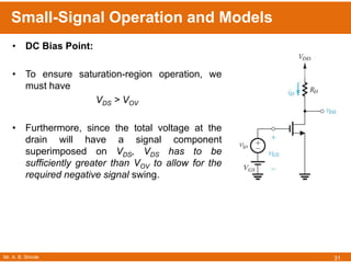 Mr. A. B. Shinde
Small-Signal Operation and Models
31
• DC Bias Point:
• To ensure saturation-region operation, we
must have
VDS > VOV
• Furthermore, since the total voltage at the
drain will have a signal component
superimposed on VDS, VDS has to be
sufficiently greater than VOV to allow for the
required negative signal swing.
 