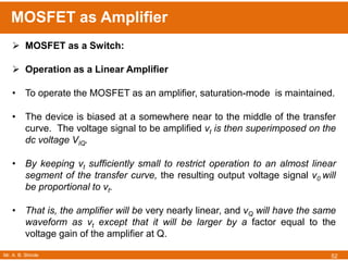 Mr. A. B. Shinde
MOSFET as Amplifier
52
 MOSFET as a Switch:
 Operation as a Linear Amplifier
• To operate the MOSFET as an amplifier, saturation-mode is maintained.
• The device is biased at a somewhere near to the middle of the transfer
curve. The voltage signal to be amplified vt is then superimposed on the
dc voltage VIQ.
• By keeping vt sufficiently small to restrict operation to an almost linear
segment of the transfer curve, the resulting output voltage signal v0 will
be proportional to vt.
• That is, the amplifier will be very nearly linear, and vQ will have the same
waveform as vt except that it will be larger by a factor equal to the
voltage gain of the amplifier at Q.
 