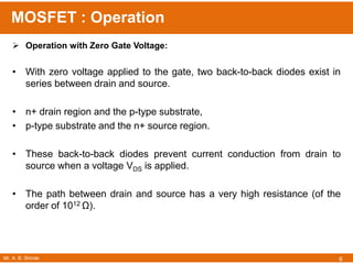 Mr. A. B. Shinde
MOSFET : Operation
6
 Operation with Zero Gate Voltage:
• With zero voltage applied to the gate, two back-to-back diodes exist in
series between drain and source.
• n+ drain region and the p-type substrate,
• p-type substrate and the n+ source region.
• These back-to-back diodes prevent current conduction from drain to
source when a voltage VDS is applied.
• The path between drain and source has a very high resistance (of the
order of 1012 Ω).
 