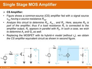 Mr. A. B. Shinde
Single Stage MOS Amplifier
63
 CS Amplifier:
• Figure shows a common-source (CS) amplifier fed with a signal source
vsig having a source resistance Rsig.
• Analyze this circuit to determine Rin, Avo , and Ro. Here, assume RD is
part of the amplifier; thus if a load resistance RL is connected to the
amplifier output, RL appears in parallel with RD. In such a case, we wish
to determine Av and Gv as well.
• Replacing the MOSFET with its hybrid-π model (without ro), we obtain
the CS amplifier equivalent circuit as shown in second figure.
 