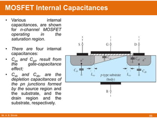 Mr. A. B. Shinde
MOSFET Internal Capacitances
66
• Various internal
capacitances, are shown
for n-channel MOSFET
operating in the
saturation region.
• There are four internal
capacitances:
• Cgs and Cgd, result from
the gate-capacitance
effect;
• Csb and Cdb, are the
depletion capacitances of
the pn junctions formed
by the source region and
the substrate, and the
drain region and the
substrate, respectively.
 