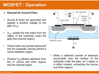 Mr. A. B. Shinde
MOSFET : Operation
7
 Channel for Current Flow:
• Source & Drain are grounded and
applied a positive voltage to the
gate (VGS).
• VGS repells the free holes from the
region of the substrate under the
gate (the channel region).
• These holes are pushed downward
into the substrate, leaving behind a
carrier-depletion region.
• Positive VGS attracts electrons from
the n+ source and drain regions
into the channel region
• When a sufficient number of electrons
accumulate near the surface of the
substrate under the gate, an n region is
in effect created, connecting the source
and drain regions,
 