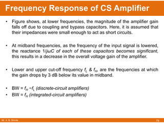 Mr. A. B. Shinde
Frequency Response of CS Amplifier
79
• Figure shows, at lower frequencies, the magnitude of the amplifier gain
falls off due to coupling and bypass capacitors. Here, it is assumed that
their impedances were small enough to act as short circuits.
• At midband frequencies, as the frequency of the input signal is lowered,
the reactance 1/jωC of each of these capacitors becomes significant,
this results in a decrease in the overall voltage gain of the amplifier.
• Lower and upper cut-off frequency fL & fH, are the frequencies at which
the gain drops by 3 dB below its value in midband.
• BW = fH −fL (discrete-circuit amplifiers)
• BW = fH (integrated-circuit amplifiers)
 