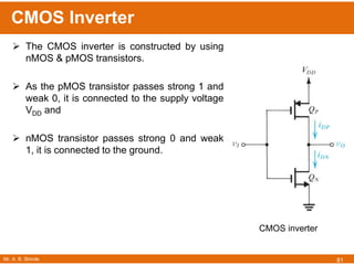 Mr. A. B. Shinde
CMOS Inverter
81
 The CMOS inverter is constructed by using
nMOS & pMOS transistors.
 As the pMOS transistor passes strong 1 and
weak 0, it is connected to the supply voltage
VDD and
 nMOS transistor passes strong 0 and weak
1, it is connected to the ground.
CMOS inverter
 