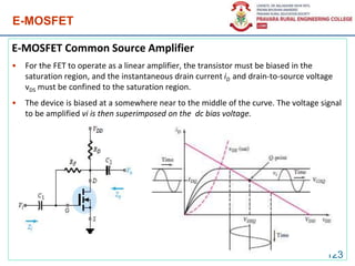 E-MOSFET
E-MOSFET Common Source Amplifier
• For the FET to operate as a linear amplifier, the transistor must be biased in the
saturation region, and the instantaneous drain current iD and drain-to-source voltage
vDS must be confined to the saturation region.
• The device is biased at a somewhere near to the middle of the curve. The voltage signal
to be amplified vi is then superimposed on the dc bias voltage.
• dc voltage VIQ.
123
 