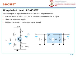 E-MOSFET
AC equivalent circuit of E-MOSFET
For drawing an ac equivalent circuit of E-MOSFET amplifier Circuit
• Assume all Capacitors C1, C2, Cs as short circuit elements for ac signal
• Short circuit the dc supply
• Replace the MOSFET by its small signal model
125
 