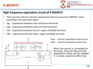E-MOSFET
High frequency equivalent circuit of E-MOSFET
• There are four internal parasitic capacitances that are occurred in MOSFET when
operating in the saturation region
• Cgs - Capacitance between Gate and Source terminals
• Cgd - Capacitance between Gate and Drain terminals
• Csb - Capacitance between Source region and Body terminals
• Cdb - Capacitance between Drain region and Body terminals
135
When the source is connected to
the body, then the Cgs and Csb
capacitance effect can be clubbed
in a single capacitive effect Cgs
n n
Cgsp - Overlap Capacitance gate-source
Cgdp - Overlap Capacitance gate-drain
 
