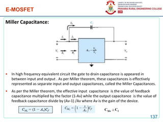 E-MOSFET
Miller Capacitance:
• In high frequency equivalent circuit the gate to drain capacitance is appeared in
between input and output . As per Miller theorem, these capacitances is effectively
represented as separate input and output capacitances, called the Miller Capacitances.
• As per the Miller theorem, the effective input capacitance is the value of feedback
capacitance multiplied by the factor (1-Av) while the output capacitance is the value of
feedback capacitance divide by (Av-1) /Av where Av is the gain of the device.
137
 