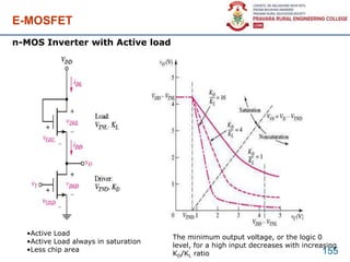 E-MOSFET
155
n-MOS Inverter with Active load
•Active Load
•Active Load always in saturation
•Less chip area
The minimum output voltage, or the logic 0
level, for a high input decreases with increasing
KD/KL ratio
 