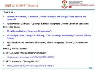 UNIT-2 [ MOSFET Circuits]
Text Books:
• T1: Donald Neaman, “Electronic Circuits – Analysis and Design” Third edition, Mc
Graw Hill.
• T2: Ramakant Gaikwad, “Op amps & Linear Integrated Circuits”, Pearson Education.
Reference Books:
• R1: Millman Halkias, “Integrated Electronics”.
• R2: Phillip E. Allen, Douglas R. Holberg, “CMOS Analog Circuit Design”, Second Edition,
Oxford.
• R3: Salivahan and Kanchana Bhaskaran, “Linear Integrated Circuits”, Tata McGraw
Hill.
MOOC / NPTEL Courses:
1. NPTEL Course “Analog Electronic Circuits”
• https://nptel.ac.in/courses/108/105/108105158/
2. NPTEL Course on “Analog Circuits”
• https://nptel.ac.in/courses/108/101/108101094/
16
 