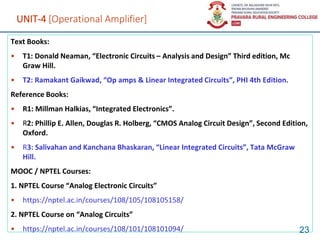 UNIT-4 [Operational Amplifier]
Text Books:
• T1: Donald Neaman, “Electronic Circuits – Analysis and Design” Third edition, Mc
Graw Hill.
• T2: Ramakant Gaikwad, “Op amps & Linear Integrated Circuits”, PHI 4th Edition.
Reference Books:
• R1: Millman Halkias, “Integrated Electronics”.
• R2: Phillip E. Allen, Douglas R. Holberg, “CMOS Analog Circuit Design”, Second Edition,
Oxford.
• R3: Salivahan and Kanchana Bhaskaran, “Linear Integrated Circuits”, Tata McGraw
Hill.
MOOC / NPTEL Courses:
1. NPTEL Course “Analog Electronic Circuits”
• https://nptel.ac.in/courses/108/105/108105158/
2. NPTEL Course on “Analog Circuits”
• https://nptel.ac.in/courses/108/101/108101094/ 23
 