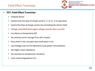 Field Effect Transistor
• FET: Field Effect Transistor
 Unipolar device
 Involve only one type of charge carriers; ‘n’ or ‘p’ in its operation
 Control the flow of charge carriers by controlling the electric field
 Voltage controlled Device (gate voltage controls drain current)
 Less Noisy as Compared to BJT
 No minority carrier storage (Turn off is faster)
 Very small in size, occupies very small space in ICs
 Low Voltage Low Current Operation (Low-power consumption)
 Has higher input impedance
 less sensitive to temperature variations
 more easily integrated on IC’s
34
 