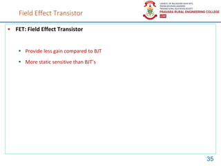 Field Effect Transistor
• FET: Field Effect Transistor
 Provide less gain compared to BJT
 More static sensitive than BJT’s
35
 