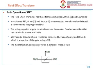 Field Effect Transistor
• Basic Operation of JFET:
 The Field Effect Transistor has three terminals: Gate (G), Drain (D) and Source (S)
 In n-channel FET, Drain (D) and Source (S) are connected to n-channel and Gate (G)
is connected to the p-type material
 The voltage applied at gate terminal controls the current flow between the other
two terminals; source and drain
 a FET can be thought of as a resistance connected between Source and Drain D,
which is a function of the gate voltage VG .
 The mechanism of gate control varies in different types of FETs
39
 