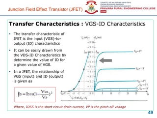 Transfer Characteristics : VGS-ID Characteristics
49
 The transfer characteristic of
JFET is the input (VGS)-to-
output (ID) characteristics
 It can be easily drawn from
the VDS-ID Characteristics by
determine the value of ID for
a given value of VGS.
 In a JFET, the relationship of
VGS (input) and ID (output)
is given as
Where, IDSS is the short circuit drain current, VP is the pinch off voltage
Junction Field Effect Transistor (JFET)
 