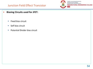 Junction Field Effect Transistor
• Biasing Circuits used for JFET:
 Fixed bias circuit
 Self bias circuit
 Potential Divider bias circuit
54
 