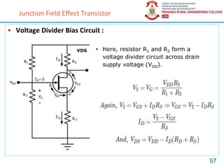 Junction Field Effect Transistor
• Voltage Divider Bias Circuit :
57
 Here, resistor R1 and R2 form a
voltage divider circuit across drain
supply voltage (VDD).
VDS
 