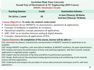 6
Savitribai Phule Pune University
Second Year of Electronics/E & TC Engineering (2019 Course)
204181: Electronic Circuits
Teaching Scheme: Credit Examination Scheme:
TH: 03 hrs. / week 03
In-Sem (Theory): 30 Marks
End Sem (Theory): 70 Marks
Course Objectives: To make the students understand
 Semiconductor device MOSFET, its characteristics, parameters & applications.
 Concepts of feedbacks in amplifiers & oscillators.
 Operational amplifier, concept, parameters & applications.
 ADC, DAC as an interface between analog & digital domains.
 Concepts, characteristics & applications of PLL.
Course Outcomes: On completion of the course, learner will be able to –
CO1: Assimilate the physics, characteristics and parameters of MOSFET towards its application as an
amplifier.
CO2: Design MOSFET amplifiers, with and without feedback, & MOSFET oscillators, for given Specifications.
CO3: Analyze and assess the performance of linear and switching regulators, with their variants, towards
applications in regulated power supplies.
CO4: Explain internal schematic of Op-Amp and define its performance parameters.
CO5: Design, Build and test Op-amp based analog signal processing and conditioning circuits towards
various real time applications.
CO6: Understand and compare the principles of various data conversion techniques and PLL with their
applications.
 