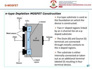 n-type Depletion MOSFET Construction
D-MOSFET
67
 A p-type substrate is used as
the foundation on which the
device is constructed.
 Two n+-doped regions linked
by an n-channel lies on a p-
doped substrate
 The Drain (D) and Source (S)
terminals are connected
through metallic contacts to
the n-doped regions.
 The substrate is either
internally connected or taken
out as an additional terminal
labeled SS resulting in four
terminal device.
+
+
 