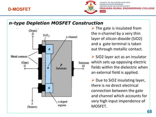 n-type Depletion MOSFET Construction
D-MOSFET
68
 The gate is insulated from
the n-channel by a very thin
layer of silicon dioxide (SiO2)
and a gate terminal is taken
out through metallic contact.
 SiO2 layer act as an insulator
which sets up opposing electric
fields within the dielectric when
an external field is applied.
 Due to SiO2 insulating layer,
there is no direct electrical
connection between the gate
and channel which accounts for
very high input impendence of
MOSFET.
 