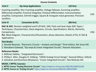 8
Course Contents
Unit V Op-Amp Applications (10 Hrs)
Inverting amplifier, Non inverting amplifier, Voltage follower, Summing amplifier,
Differential amplifier, Practical integrator, Practical differentiator, Instrumentation
amplifier, Comparator, Schmitt trigger, Square & triangular wave generator, Precision
rectifiers.
CO5
Unit VI Converters & PLL (06 Hrs)
DAC & ADC: Resistor weighted and R-2R DAC, SAR, Flash and dual slope ADC Types /
Techniques, Characteristics, block diagrams, Circuits, Specifications, Merits, Demerits,
Comparisons.
PLL: Block Diagram, Characteristics/Parameters, phase detectors, Details of PLL IC 565 &
Applications.
CO6
Text Books:
1. Donald Neaman, “Electronic Circuits – Analysis and Design” Third edition, Mc Graw Hill.
2. Ramakant Gaikwad, “Op amps & Linear Integrated Circuits”, Pearson Education.
Reference Books:
1. Millman Halkias, “Integrated Electronics”.
2. Phillip E. Allen, Douglas R. Holberg, “CMOS Analog Circuit Design”, Second Edition, Oxford.
3. Salivahan and Kanchana Bhaskaran, “Linear Integrated Circuits”, Tata McGraw Hill.
MOOC / NPTEL Courses:
1. NPTEL Course “Analog Electronic Circuits” https://nptel.ac.in/courses/108/105/108105158/
2. NPTEL Course on “Analog Circuits” https://nptel.ac.in/courses/108/101/108101094/
 