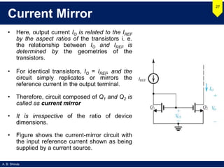 A. B. Shinde
Current Mirror
• Here, output current IO is related to the IREF
by the aspect ratios of the transistors i. e.
the relationship between IO and IREF is
determined by the geometries of the
transistors.
• For identical transistors, IO = IREF, and the
circuit simply replicates or mirrors the
reference current in the output terminal.
• Therefore, circuit composed of Q1 and Q2 is
called as current mirror
• It is irrespective of the ratio of device
dimensions.
• Figure shows the current-mirror circuit with
the input reference current shown as being
supplied by a current source.
27
 