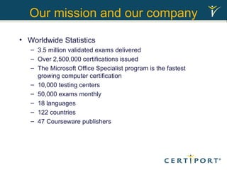 Our mission and our company Worldwide Statistics 3.5 million validated exams delivered Over 2,500,000 certifications issued The Microsoft Office Specialist program is the fastest growing computer certification 10,000 testing centers 50,000 exams monthly  18 languages  122 countries  47 Courseware publishers  