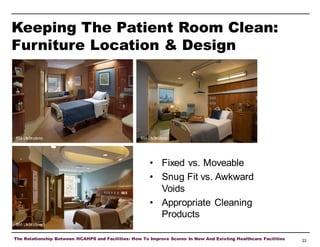 Keeping The Patient Room Clean:
Furniture Location & Design

BSA LifeStructures

BSA LifeStructures

• Fixed vs. Moveable
• Snug Fit vs. Awkward
Voids
• Appropriate Cleaning
Products
BSA LifeStructures

The Relationship Between HCAHPS and Facilities: How To Improve Scores In New And Existing Healthcare Facilities

23

 