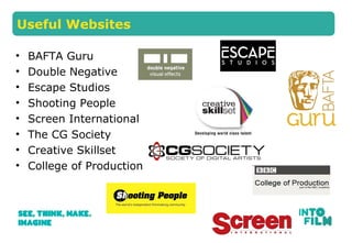 Useful Websites 
? BAFTA Guru 
? Double Negative 
? Escape Studios 
? Shooting People 
? Screen International 
? The CG Society 
? Creative Skillset 
? College of Production 
 