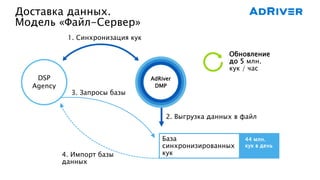 Доставка данных.
Модель «Файл-Сервер»
1. Синхронизация кук
AdRiver
DMP
DSP
Agency
База
синхронизированных
кук
44 млн.
кук в день
4. Импорт базы
данных
3. Запросы базы
2. Выгрузка данных в файл
Обновление
до 5 млн.
кук / час
 
