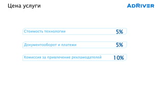 Цена услуги
Документооборот и платежи
Комиссия за привлечение рекламодателей
5%Стоимость технологии
5%
10%
 