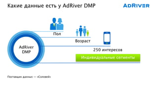 Какие данные есть у AdRiver DMP
AdRiver
DMP
250 интересов
Пол
Возраст
Поставщик данных — «Соловей»
Индивидуальные сегменты
 