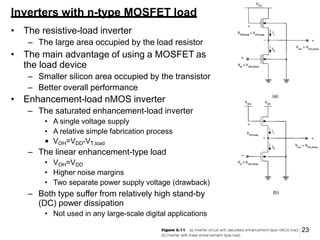 Inverters with n-type MOSFET load
• The resistive-load inverter
– The large area occupied by the load resistor
• The main advantage of using a MOSFET as
the load device
– Smaller silicon area occupied by the transistor
– Better overall performance
• Enhancement-load nMOS inverter
– The saturated enhancement-load inverter
• A single voltage supply
• A relative simple fabrication process
• VOH=VDD-VT,load
– The linear enhancement-type load
• VOH=VDD
• Higher noise margins
• Two separate power supply voltage (drawback)
– Both type suffer from relatively high stand-by
(DC) power dissipation
• Not used in any large-scale digital applications
23
 