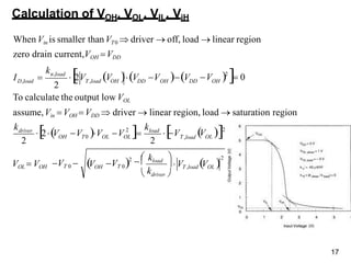 17
2
2
2
2
2
2
T ,load OL
load
OL
OL
T0
OH
driver
OH DD OH
DD
T ,load OH
n,load
D,load
VOH
k
k
k
 VT ,load VOL 

 driver 
 kload

k
VT 0
VT 0 
VOL  VOH
 V

2V V V V
   V 2
To calculate the output low VOL
assume,Vin  VOH  VDD  driver  linear region, load  saturation region
2V V V V V
 V 2
 0
I 
Calculation of VOH, VOL, VIL, ViH
When Vin is smaller thanVT0  driver  off, load  linear region
zero drain current,VOH VDD
 