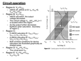 Circuit operation
• Region A: Vin<VT0,n
– nMOS off, pMOS on Ð ID,n=ID,p=0,
Vout=VOH=VDD
• Region B: Vin>VT0,n
– nMOS saturation, the output
voltage decreases
– The critical voltage VIL, (dVout/dVin)=-1
is located within this region
– As the output further decreases
ÐpMOS enter saturation, boundary
of region C
• Region C:
– If nMOS saturation Ð VDS,nVGS,n-
VT0,n  Vout Vin-VT0,n
– If pMOS saturation Ð VDS,nVGS,p-
VT0,p  Vout Vin-VT0,p
– Both of these conditions for device
saturation are illustrated graphically as
shaded areas
• Region D: Vout<Vin-VT0,p
– The criical point VIH
• Region E: Vin>VDD+VT0,p
– Vout=VOL=0
47
 
