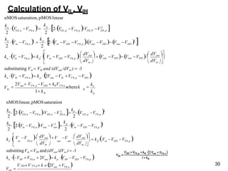 30
Calculation of VIL, VIH
p
R
R
IL
p
out DD
n
n
k
V
k
k
k

kn




 dVin 
 dVout 
  Vout VDD  Vout VDD 
 dVin 
 dVout 
V V V 
k V V  k  
V V V
V V 
1 k
k V V  k 2V V V V 
substituting Vin  VIL and (dVout /dVin )  -1
2
2
2
2
nMOSsaturation, pMOSlinear

2Vout  VT 0, p VDD  kRVT 0,n
wherek
n IL T 0.n p out IL T 0, p DD
in DD T 0, p
n in T0,n
V  V V 2

in DD T 0, p out DD

V V 2

kp

2
V
in T0,n
2V V V V 2

GS , p T 0, p DS,P DS,p
2 p
GS ,n T0,n
n
out
k
V 
V V V 
 k  



  dVout 
 dVin   dVin 
 dVout 
V V   V V  
out out
k  

V V V
V 
V V
V
V V
V V  k 2V V 
k V V  2V  k 
V V V 
substitingVin VIH and(dVout /dVin )  -1
2
kn
 2V
2
2 2
nMOSlinear, pMOSsaturation
out T0,n
DD T 0,p R
out p IH DD T0,p
IH T0,n
p in DD T0,p
n in T0,n
2
in DD T0,p
2 p
in T 0,n out
2
GS, p T0,p
kn
 2V V 2

kp
V
GS,n T 0,n DS,n DS,n
 