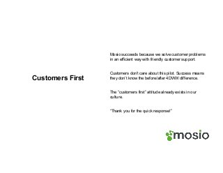 Customers First
Mosio succeeds because we solve customer problems
in an efficient way with friendly customer support.
Customers don’t care about this pilot. Success means
they don’t know the before/after 4DWW difference.
The “customers first” attitude already exists in our
culture.
“Thank you for the quick response!”
 