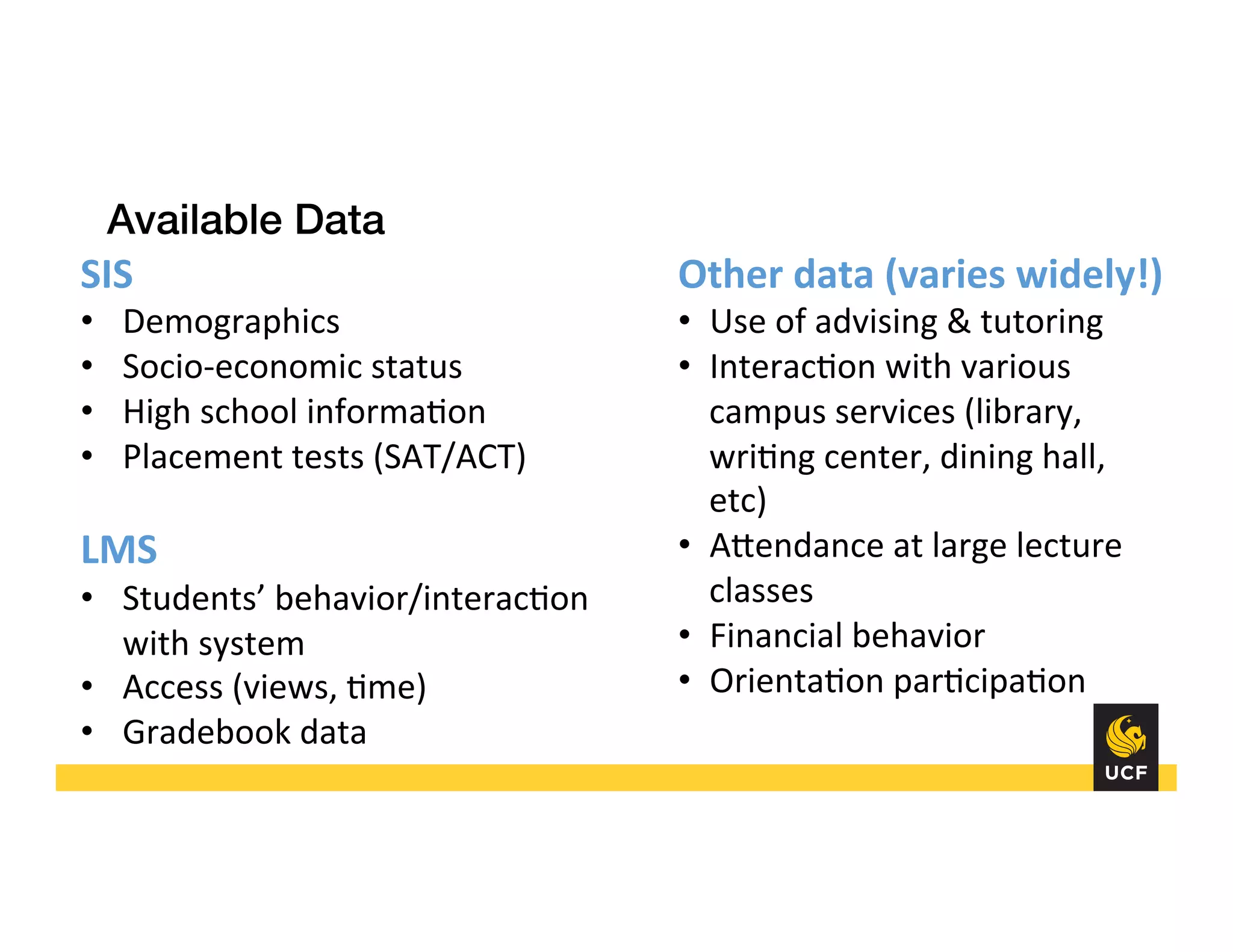 Available Data!
!SIS	
  
•  Demographics	
  	
  
•  Socio-­‐economic	
  status	
  
•  High	
  school	
  informa8on	
  
•  Placement	
  tests	
  (SAT/ACT)	
  
	
  
LMS	
  
•  Students’	
  behavior/interac8on	
  
with	
  system	
  
•  Access	
  (views,	
  8me)	
  
•  Gradebook	
  data	
  
Other	
  data	
  (varies	
  widely!)	
  
•  Use	
  of	
  advising	
  &	
  tutoring	
  
•  Interac8on	
  with	
  various	
  
campus	
  services	
  (library,	
  
wri8ng	
  center,	
  dining	
  hall,	
  
etc)	
  
•  AHendance	
  at	
  large	
  lecture	
  
classes	
  
•  Financial	
  behavior	
  
•  Orienta8on	
  par8cipa8on	
  
 