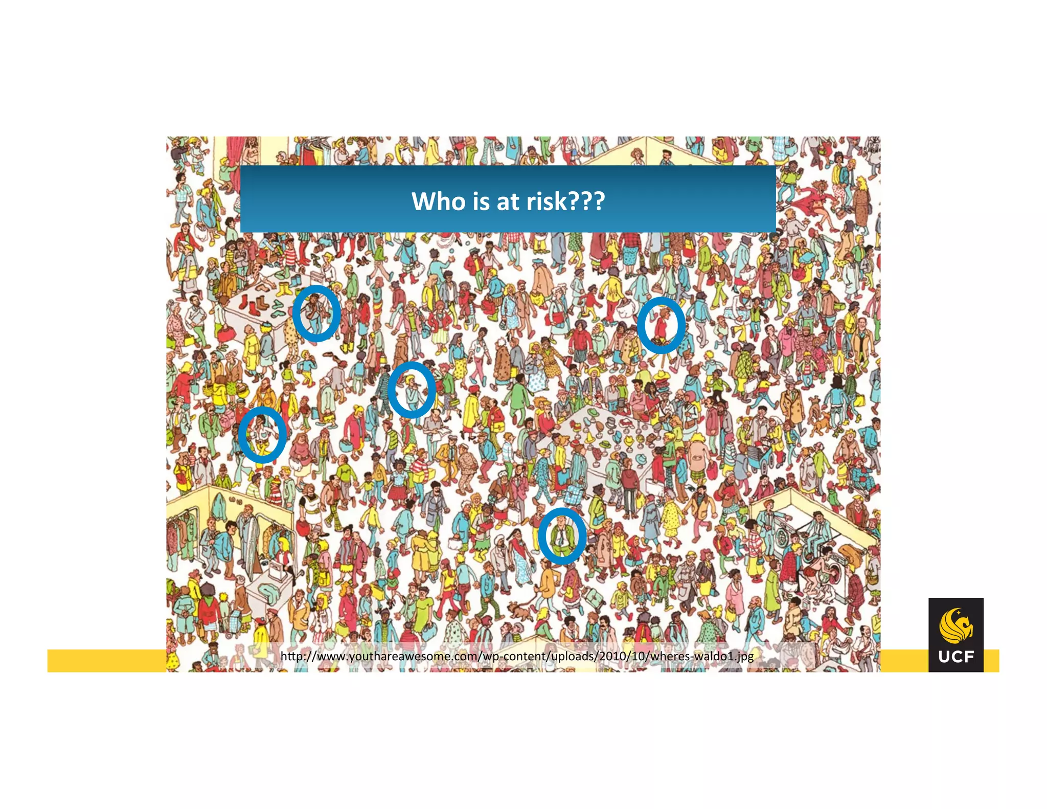 Who	
  is	
  at	
  risk???	
  
hHp://www.youthareawesome.com/wp-­‐content/uploads/2010/10/wheres-­‐waldo1.jpg	
  
 