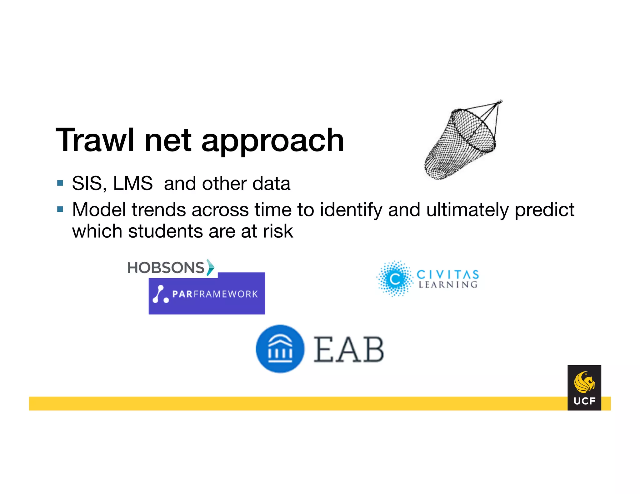 §  SIS, LMS and other data
§  Model trends across time to identify and ultimately predict
which students are at risk
Trawl net approach!
 