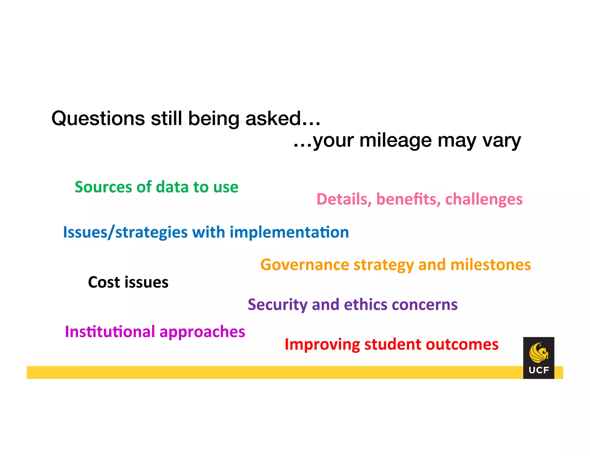 Questions still being asked…!
" " " " " "…your mileage may vary!
Issues/strategies	
  with	
  implementaCon	
  
Sources	
  of	
  data	
  to	
  use	
  
Cost	
  issues	
  
InsCtuConal	
  approaches	
  
Improving	
  student	
  outcomes	
  
Governance	
  strategy	
  and	
  milestones	
  
Details,	
  beneﬁts,	
  challenges	
  
Security	
  and	
  ethics	
  concerns	
  
 