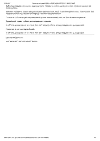 01.04.2017 Перегляд декларації | ЄДИНИЙ ДЕРЖАВНИЙ РЕЄСТР ДЕКЛАРАЦІЙ
https://public.nazk.gov.ua/declaration/39c458c0­0040­4642­a058­5aac1185894c 7/7
Суб’єкт декларування повинен задекларувати: посаду чи роботу, що виконується або виконувалася за
сумісництвом.
Зайняття посади чи робота за сумісництвом декларується, якщо її зайняття (виконання) розпочалося або
продовжувалося під час звітного періоду незалежно від тривалості.
Посада чи робота за сумісництвом декларується незалежно від того, чи була вона оплачуваною.
Організації, у яких суб'єкт декларування є членом.
У суб'єкта декларування чи членів його сім'ї відсутні об'єкти для декларування в цьому розділі
 
Членство в органах організацій.
У суб'єкта декларування чи членів його сім'ї відсутні об'єкти для декларування в цьому розділі
Документ підписано:
МОСКАЛЕНКО ВІКТОРІЯ ВІКТОРІВНА
 
